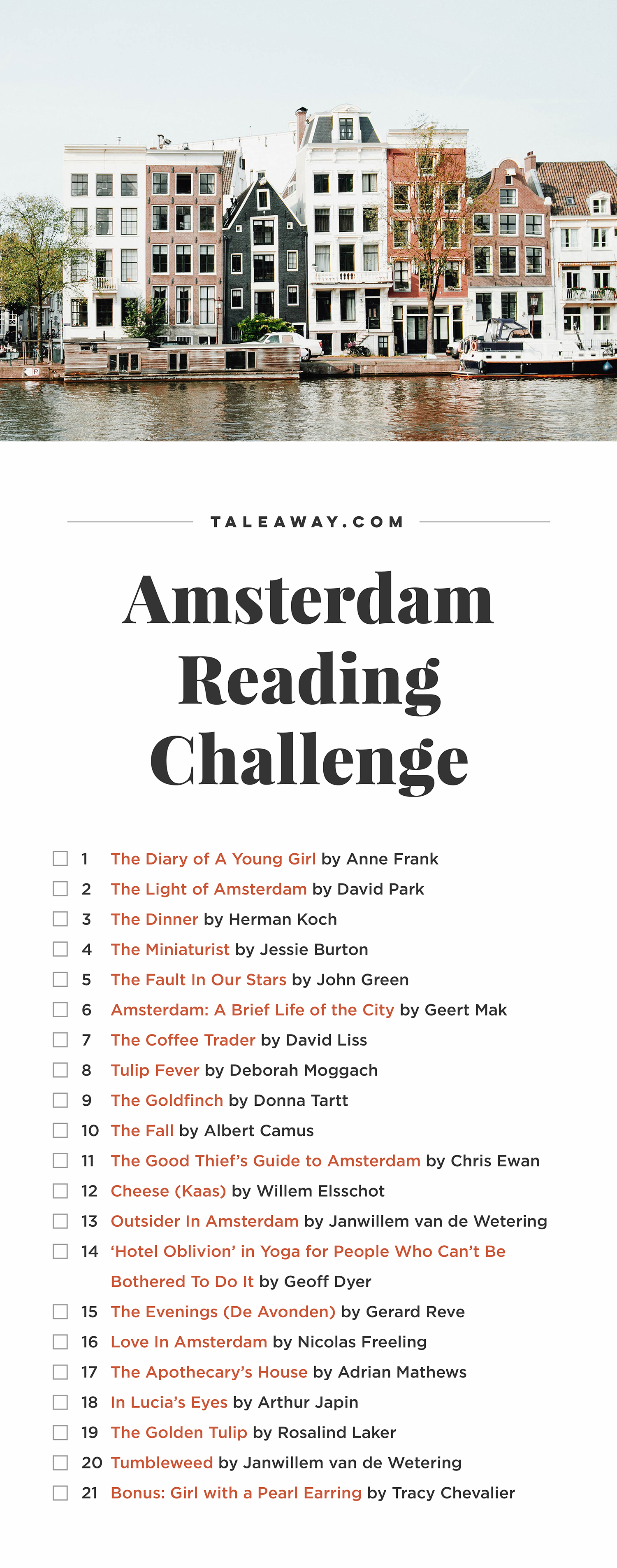Amsterdam Reading Challenge, Books Set In Amsterdam - For more books visit www.taleway.com to find books set around the world. Ideas for those who like to travel, both in life and in fiction. reading challenge, amsterdam reading challenge, book challenge, books you must read, books from around the world, world books, books and travel, travel reading list, reading list, books around the world, books to read, amsterdam books, amsterdam books novels, amsterdam travel