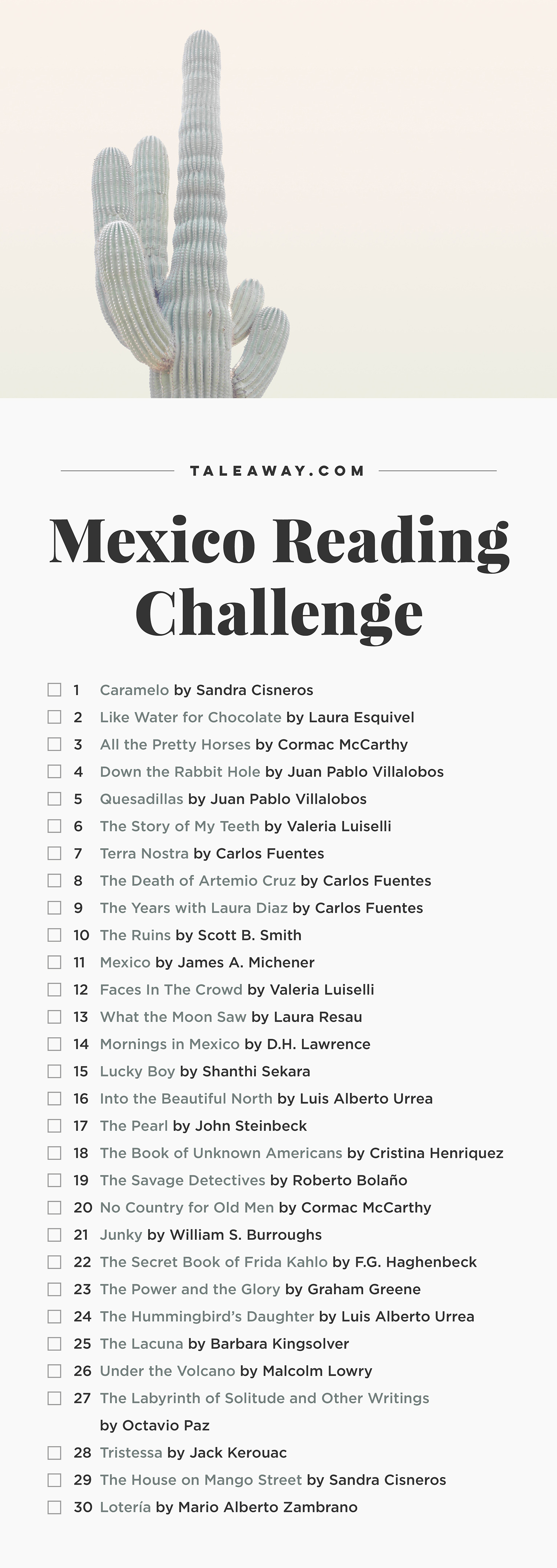 Mexico Reading Challenge, Books Set In Mexico - For more books visit www.taleway.com to find books set around the world. Ideas for those who like to travel, both in life and in fiction. reading challenge, mexico reading challenge, book challenge, books you must read, books from around the world, world books, books and travel, travel reading list, reading list, books around the world, books to read, mexico books, mexico books novels, mexico travel