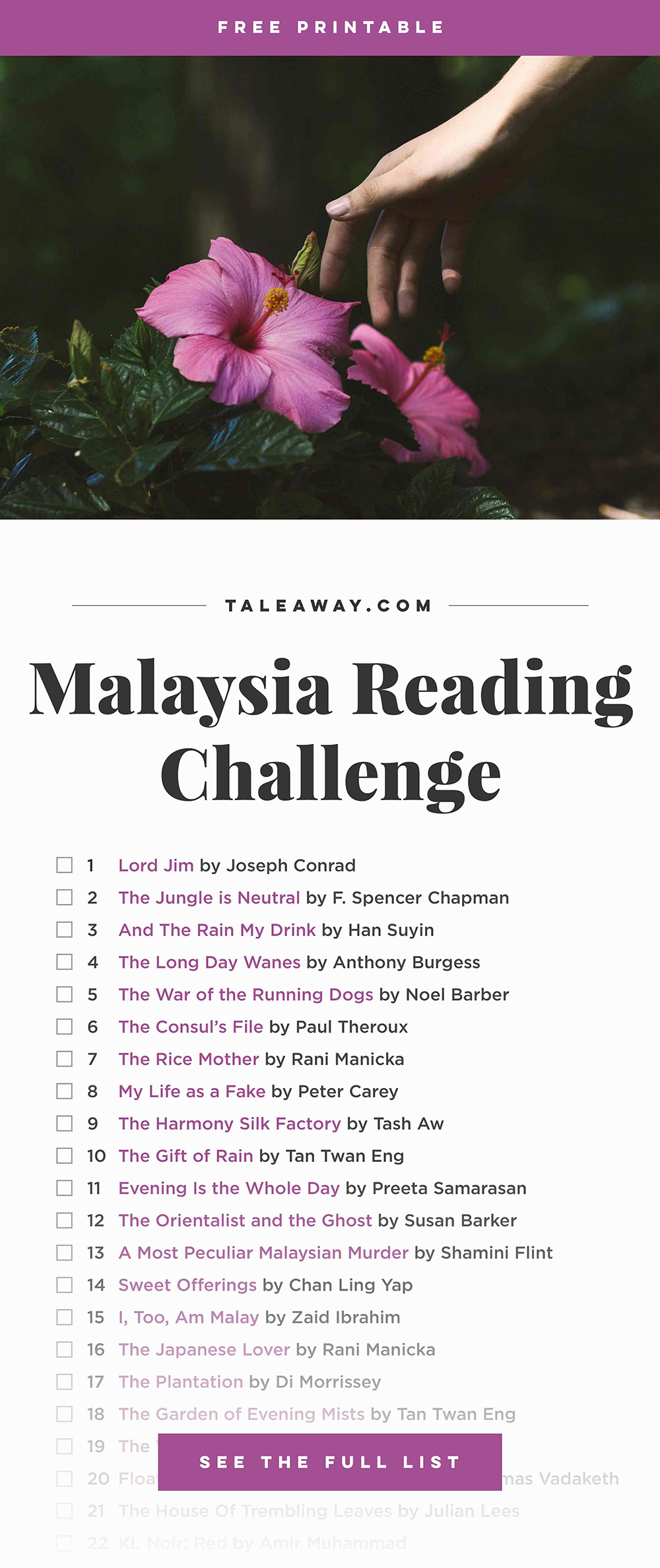 Malaysia Reading Challenge, Books Set In Malaysia - For more books visit www.taleway.com to find books set around the world. reading challenge, malaysian books, malaysia books, book challenge, books you must read, books from around the world, world books, books and travel, travel reading list, reading list, books around the world, books to read, malaysia books novels, malaysia travel