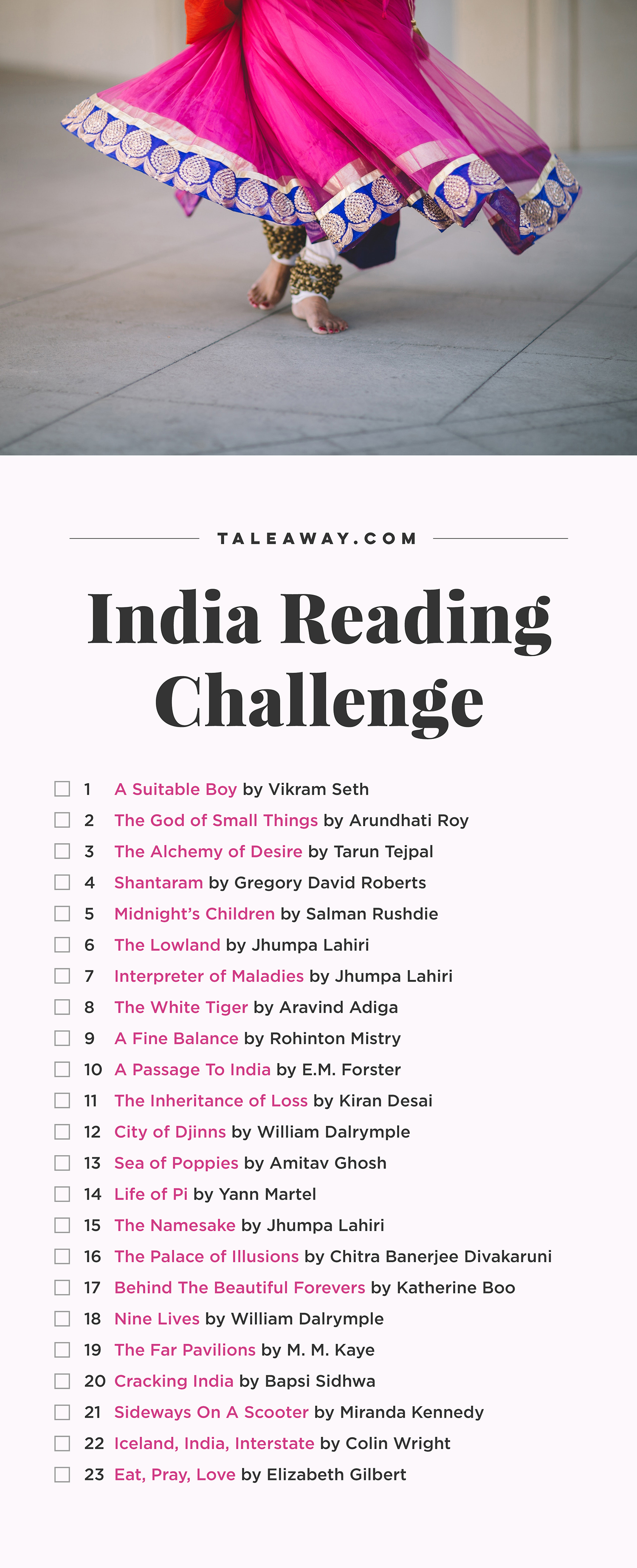 India Reading Challenge, Books Set In India - For more books visit www.taleway.com to find books set around the world. Ideas for those who like to travel, both in life and in fiction. reading challenge, india reading challenge, book challenge, books you must read, books from around the world, world books, books and travel, travel reading list, reading list, books around the world, books to read, india books, india books novels, india travel